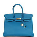 Pre-owned Hermes Birkin 35 Bleu Zanzibar Epsom Gold Hardware