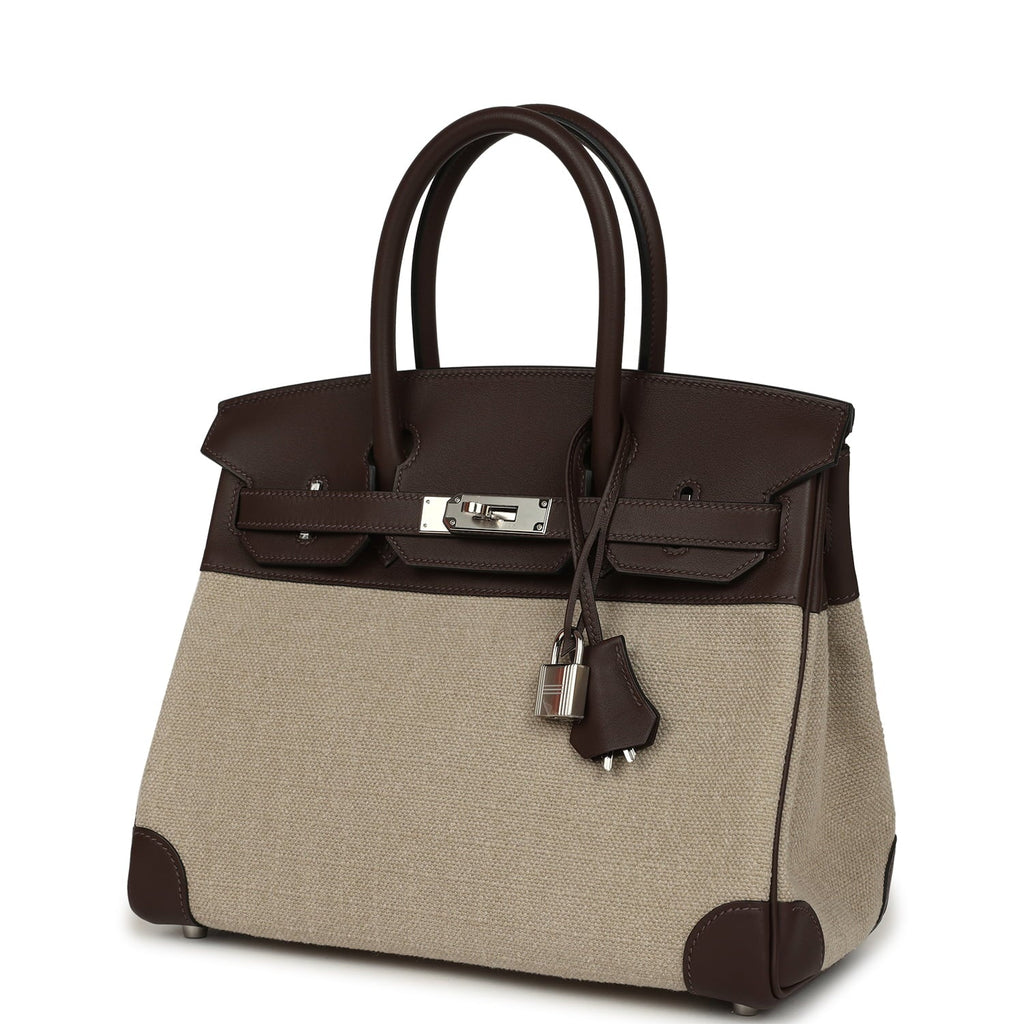Hermes Birkin 30 Bivouac Ficelle Canvas and Moka Swift Palladium Hardware