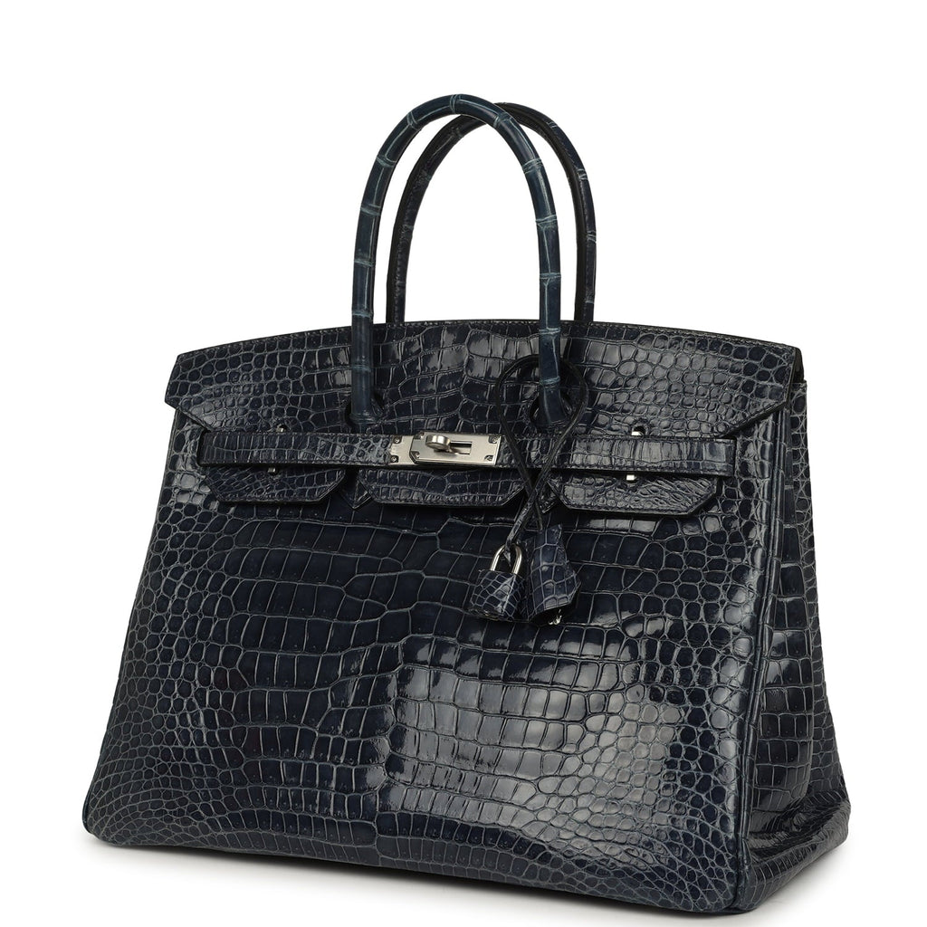 Pre-owned Hermes Birkin 35 Bleu Abysse Shiny Porosus Crocodile Palladium Hardware