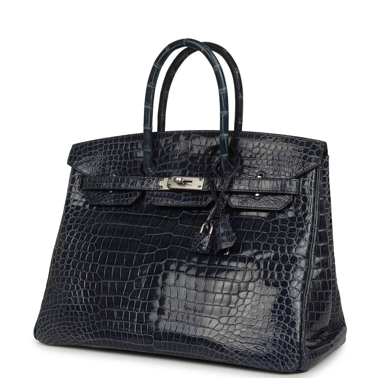 Pre-owned Hermes Birkin 35 Bleu Abysse Shiny Porosus Crocodile Palladium Hardware