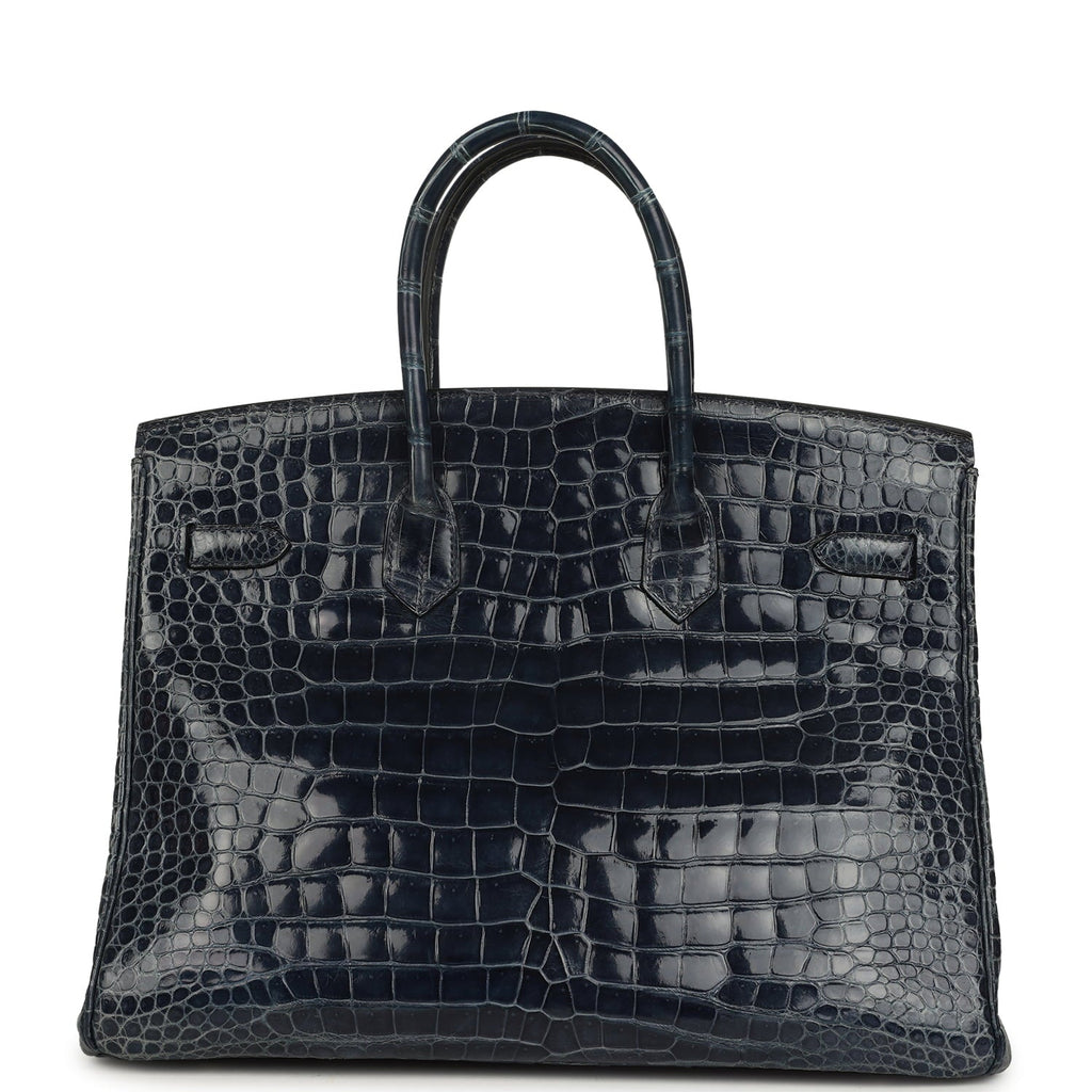 Pre-owned Hermes Birkin 35 Bleu Abysse Shiny Porosus Crocodile Palladium Hardware