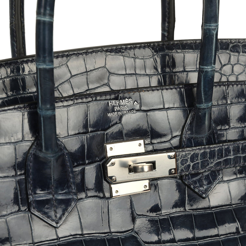 Pre-owned Hermes Birkin 35 Bleu Abysse Shiny Porosus Crocodile Palladium Hardware