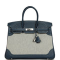 Pre-owned Hermes Birkin Ghillies 35 Bleu De Prusse Swift and Ecru Toile H Palladium Hardware