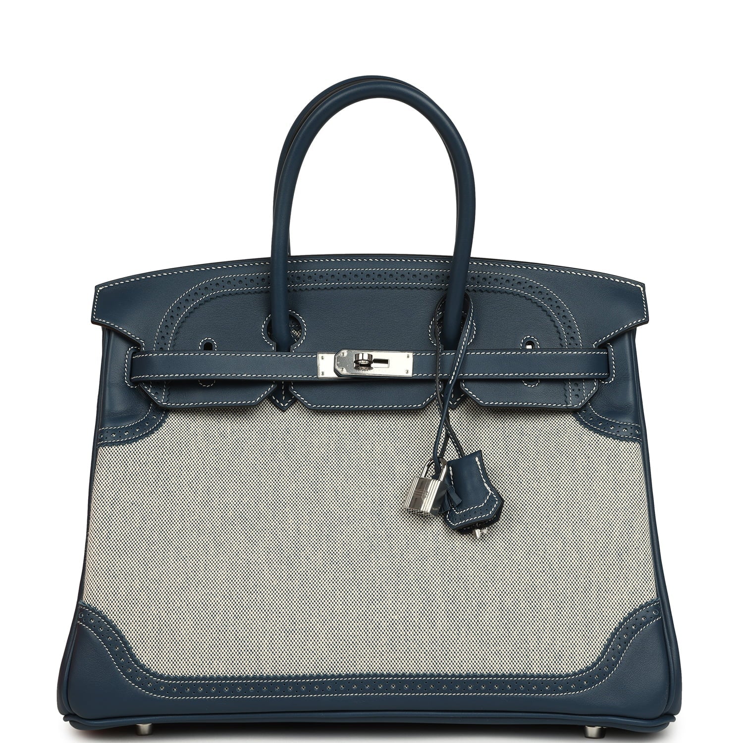 Pre-owned Hermes Birkin Ghillies 35 Bleu De Prusse Swift and Ecru Toile H Palladium Hardware