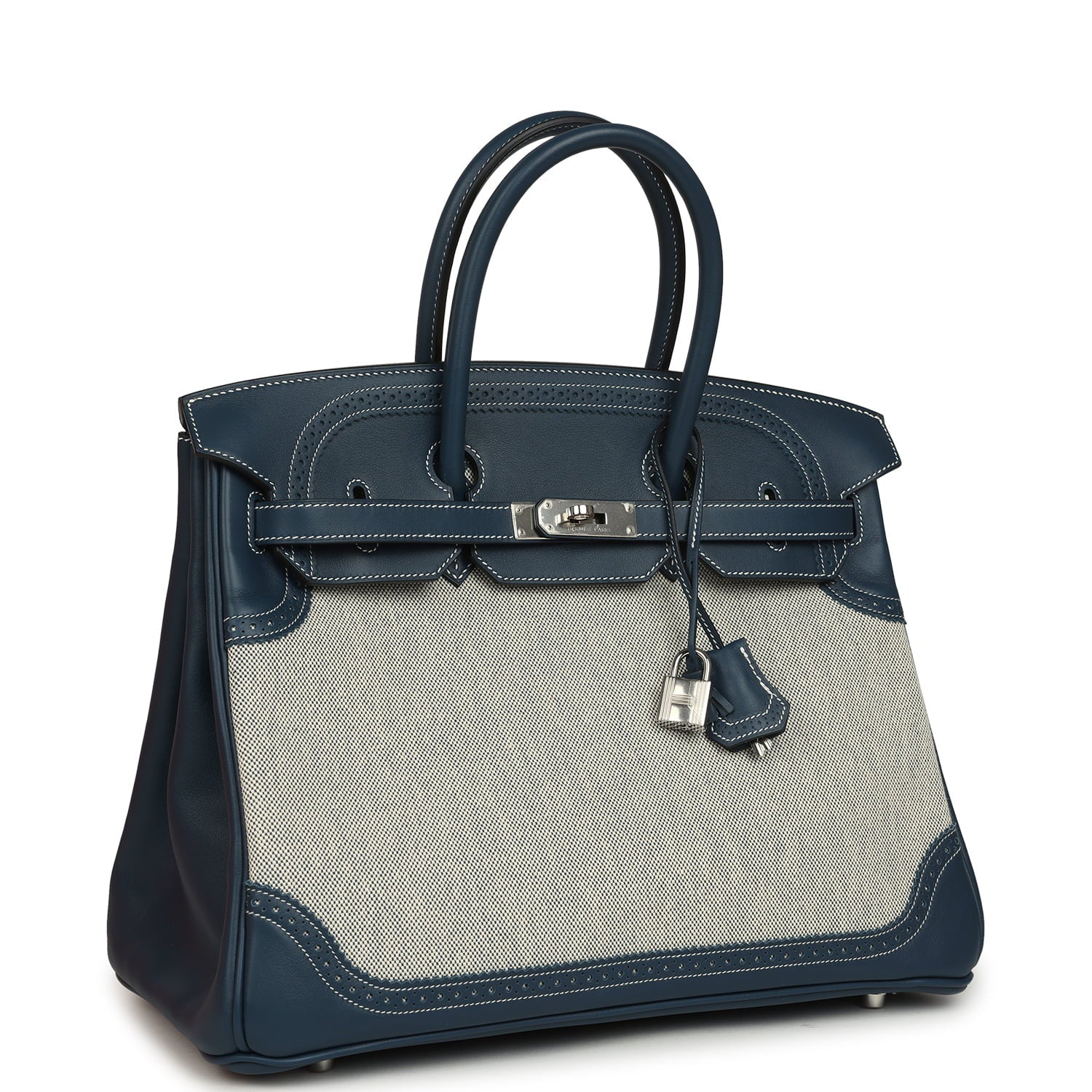 Pre-owned Hermes Birkin Ghillies 35 Bleu De Prusse Swift and Ecru Toile H Palladium Hardware