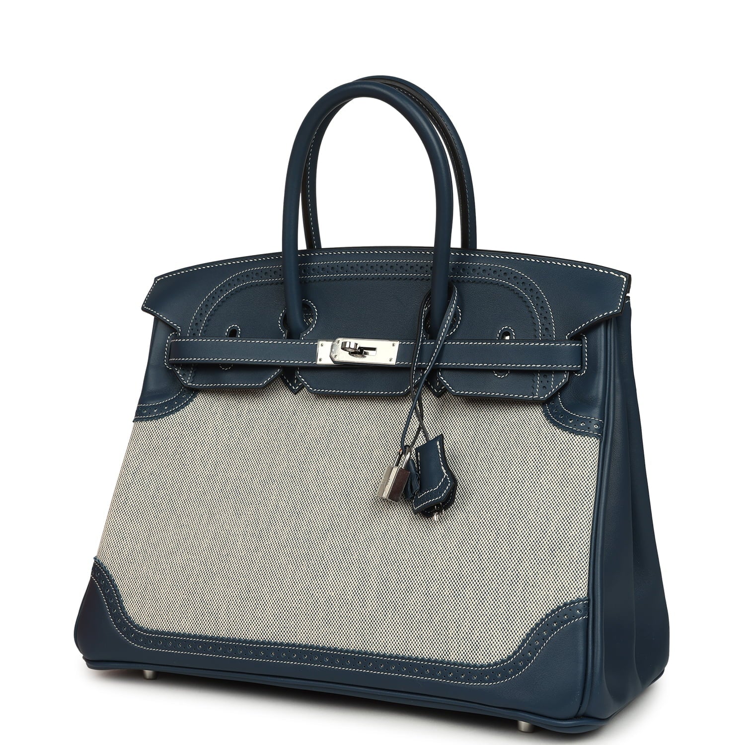 Pre-owned Hermes Birkin Ghillies 35 Bleu De Prusse Swift and Ecru Toile H Palladium Hardware