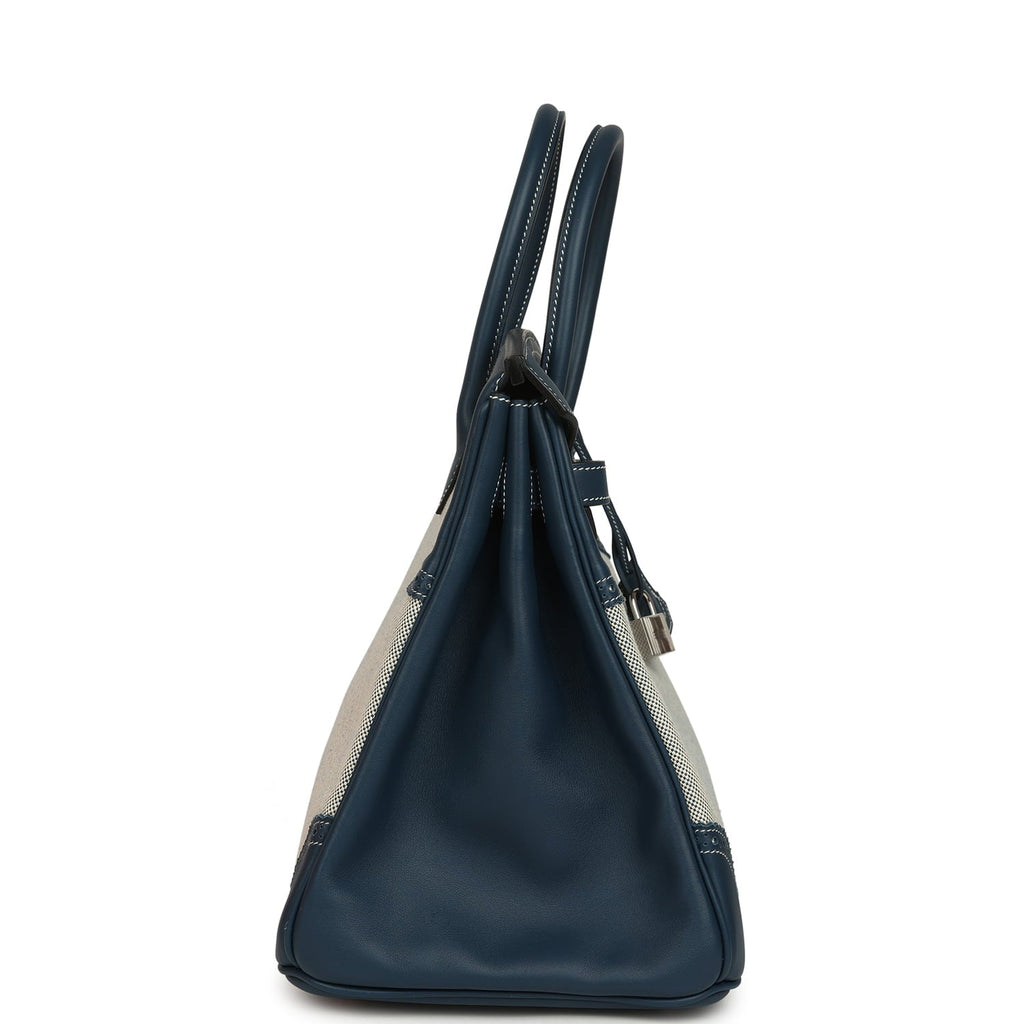 Pre-owned Hermes Birkin Ghillies 35 Bleu De Prusse Swift and Ecru Toile H Palladium Hardware