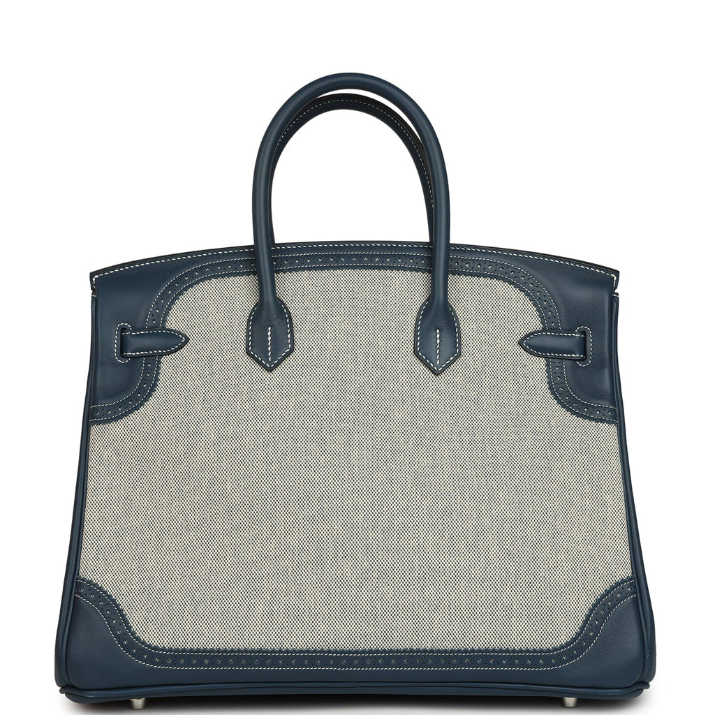 Pre-owned Hermes Birkin Ghillies 35 Bleu De Prusse Swift and Ecru Toile H Palladium Hardware