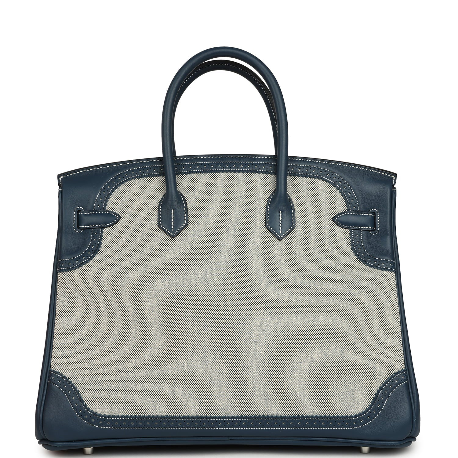 Pre-owned Hermes Birkin Ghillies 35 Bleu De Prusse Swift and Ecru Toile H Palladium Hardware