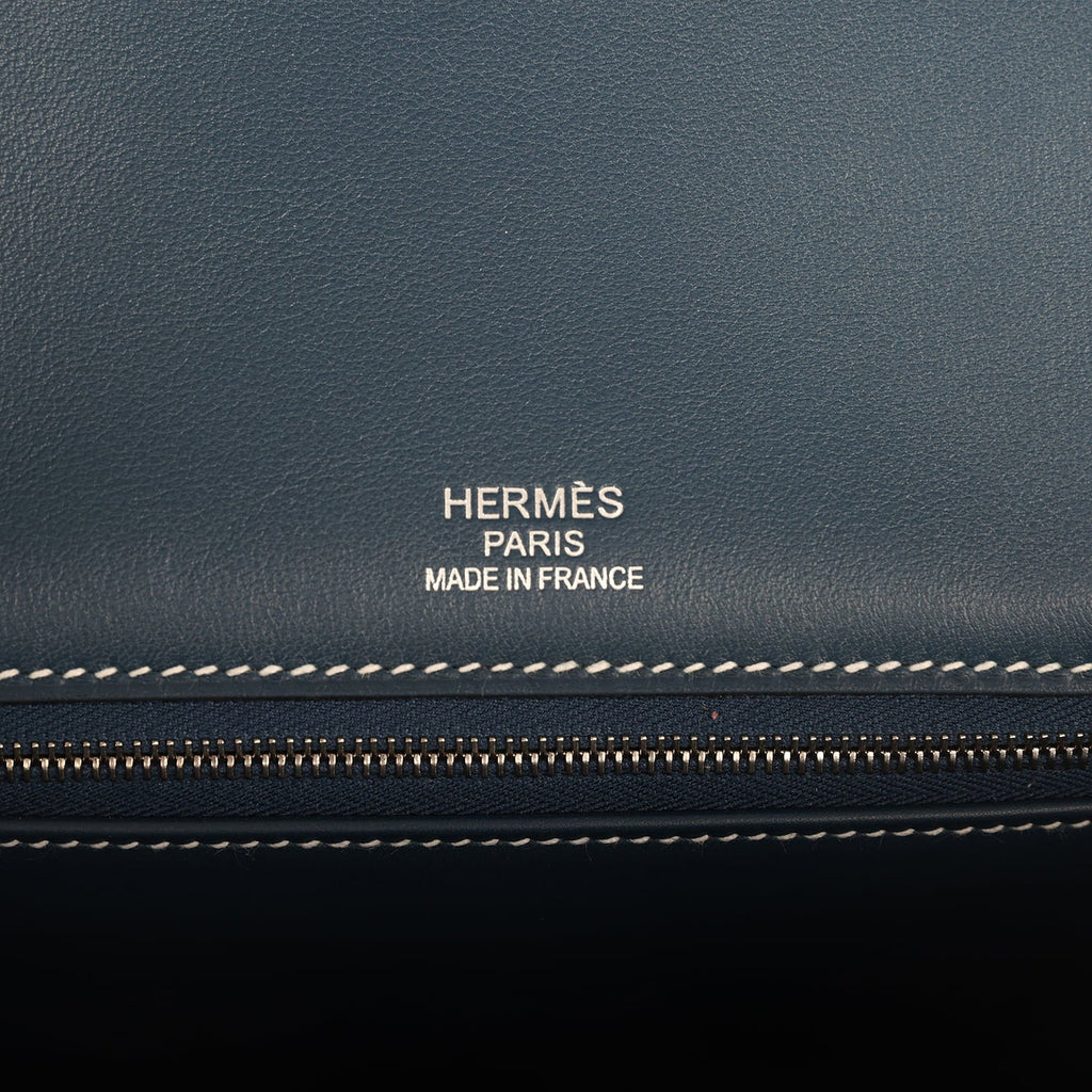 Pre-owned Hermes Birkin Ghillies 35 Bleu De Prusse Swift and Ecru Toile H Palladium Hardware