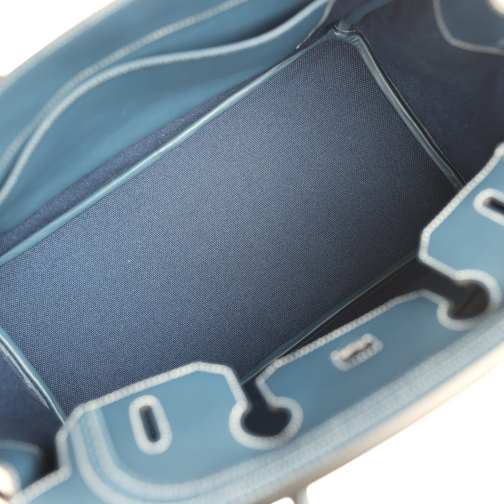 Pre-owned Hermes Birkin Ghillies 35 Bleu De Prusse Swift and Ecru Toile H Palladium Hardware