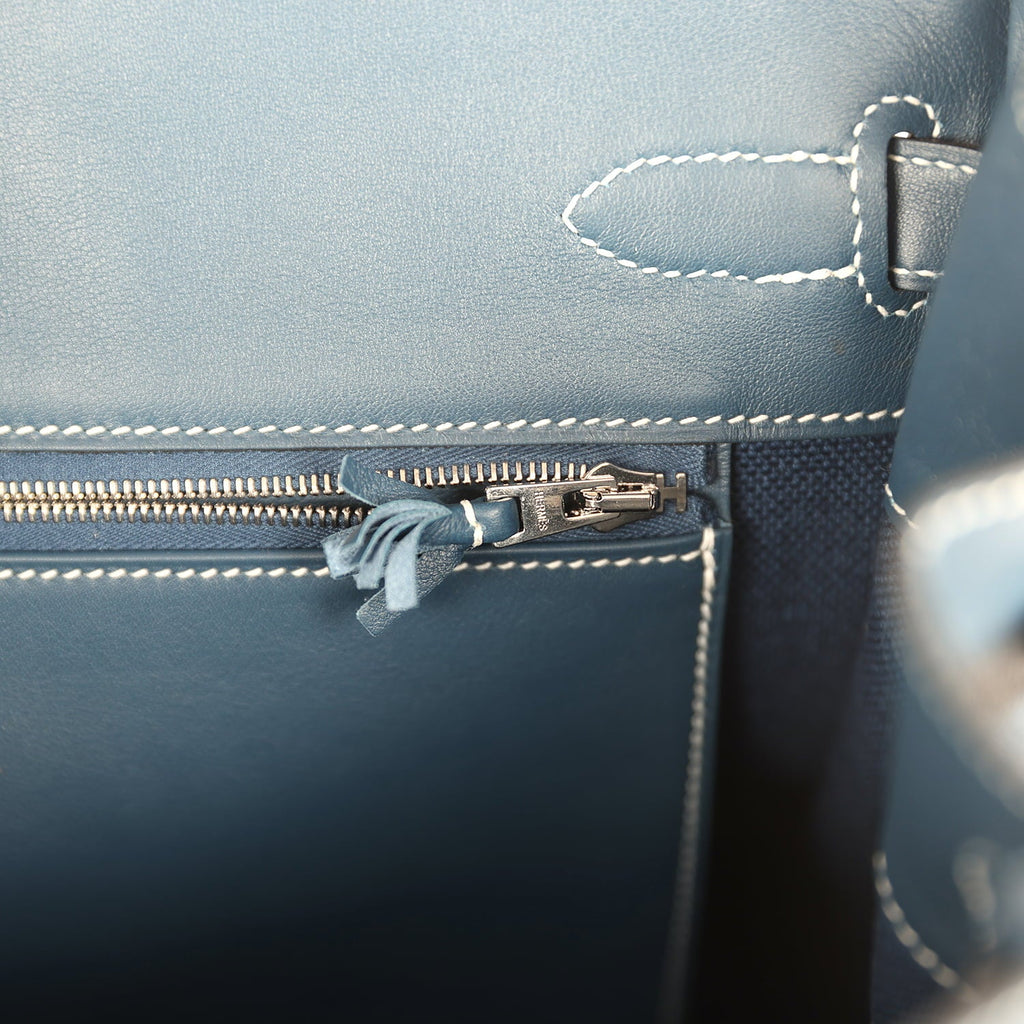 Pre-owned Hermes Birkin Ghillies 35 Bleu De Prusse Swift and Ecru Toile H Palladium Hardware
