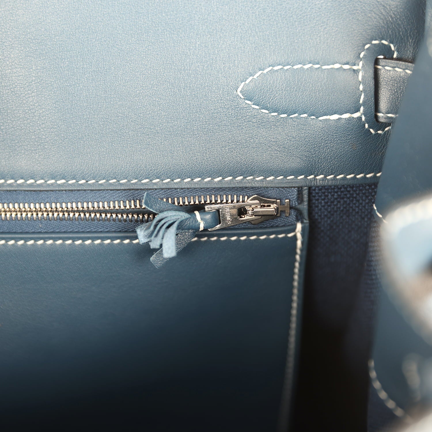 Pre-owned Hermes Birkin Ghillies 35 Bleu De Prusse Swift and Ecru Toile H Palladium Hardware