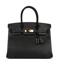Pre-owned Hermes Birkin 30 Black Ostrich Gold Hardware