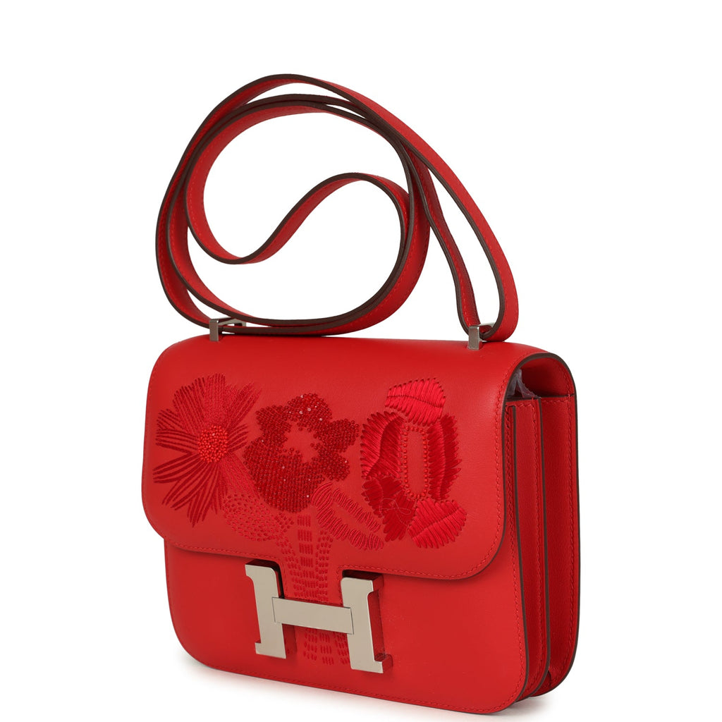 Hermes Constance 18 "Dancing Flowers" Rouge De Coeur Embroidered Swift Palladium Hardware