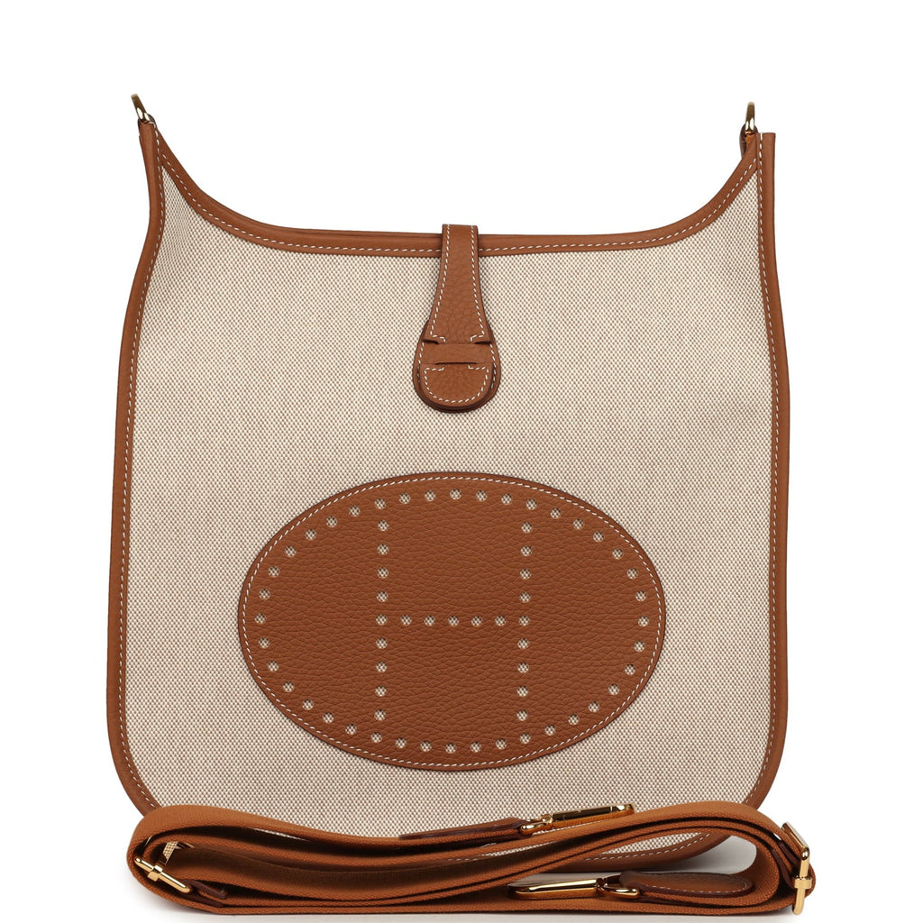 Hermes Evelyne III PM Gold Clemence and Ecru Toile H Canvas Gold Hardware