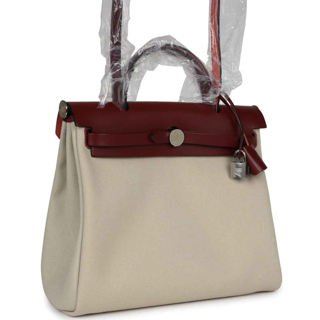 Hermes Herbag Zip 31 PM Rouge H & Beton Military Canvas & Hunter Palladium Lacquered Hardware