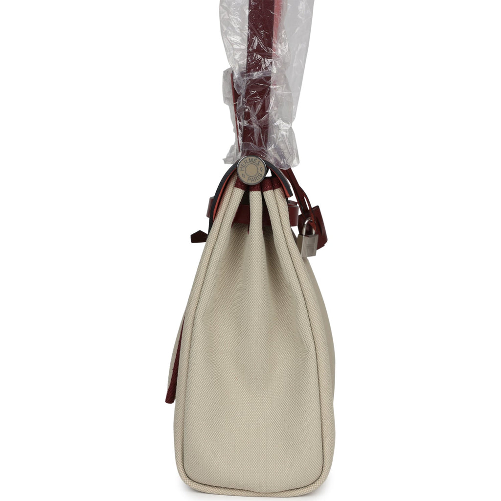 Hermes Herbag Zip 31 PM Rouge H & Beton Military Canvas & Hunter Palladium Lacquered Hardware