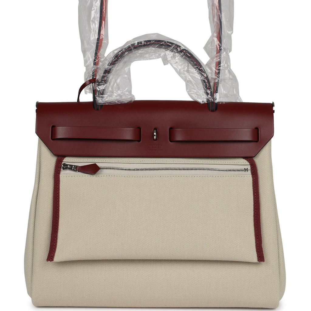 Hermes Herbag Zip 31 PM Rouge H & Beton Military Canvas & Hunter Palladium Lacquered Hardware