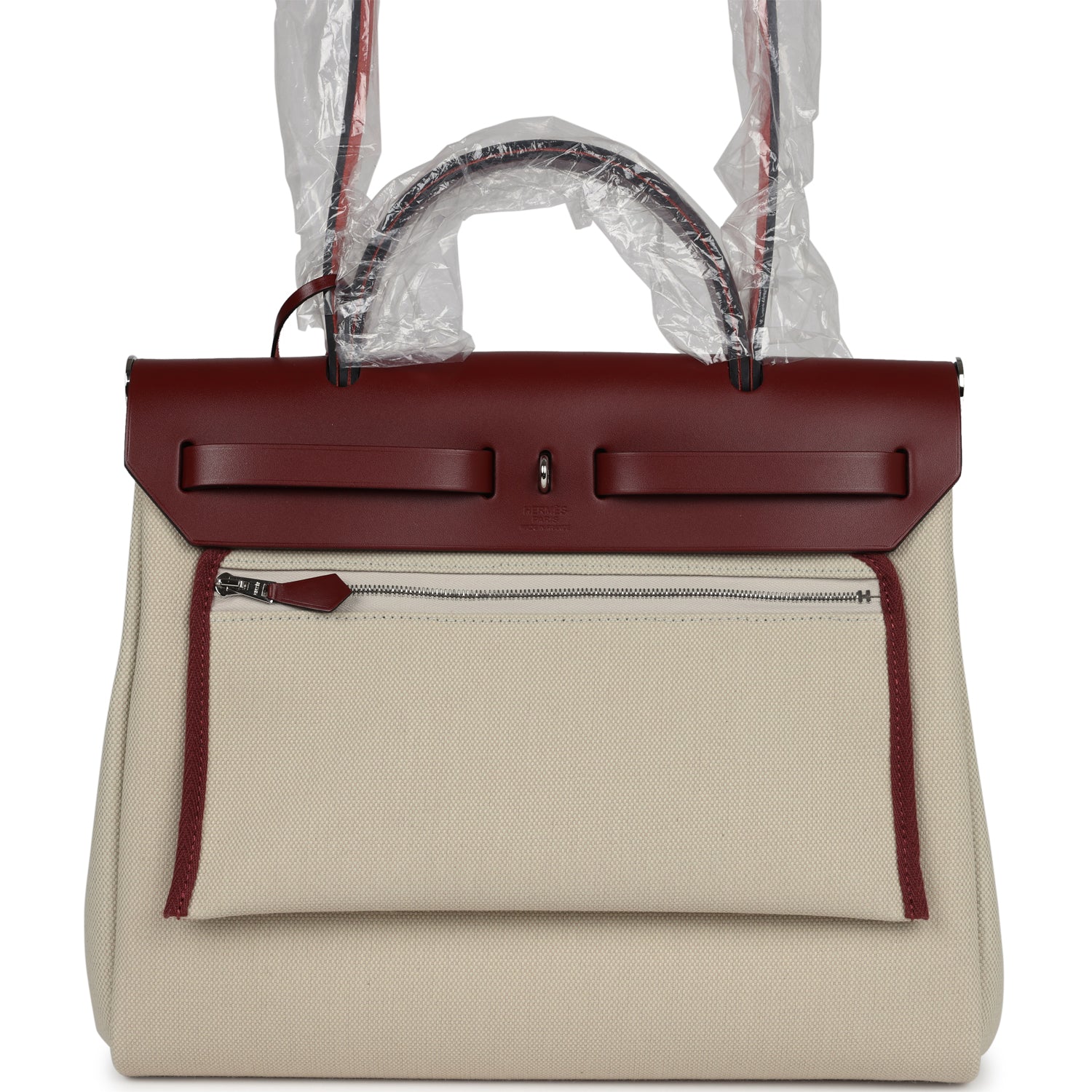 Hermes Herbag Zip 31 PM Rouge H & Beton Military Canvas & Hunter Palladium Lacquered Hardware