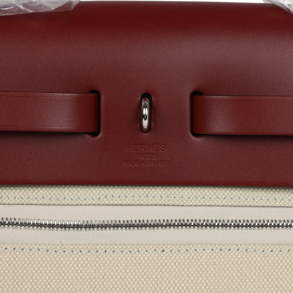 Hermes Herbag Zip 31 PM Rouge H & Beton Military Canvas & Hunter Palladium Lacquered Hardware