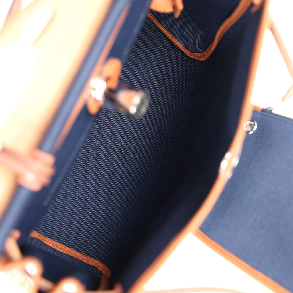 Hermes Herbag Zip PM 31 Bleu Indigo Toile H & Fauve Vache Hunter Palladium Hardware