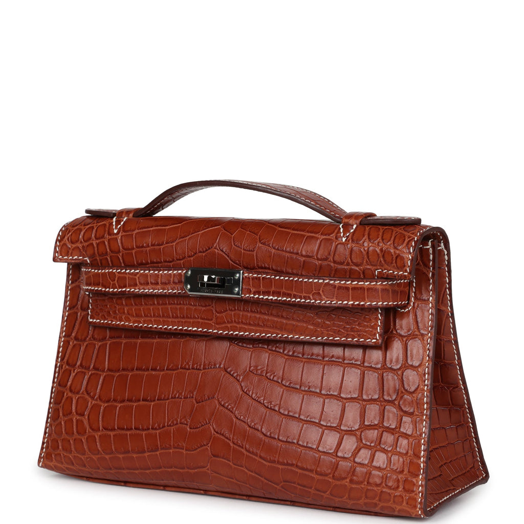 Vintage Hermes Kelly Pochette Fauve Matte Niloticus Crocodile Ruthenium Hardware