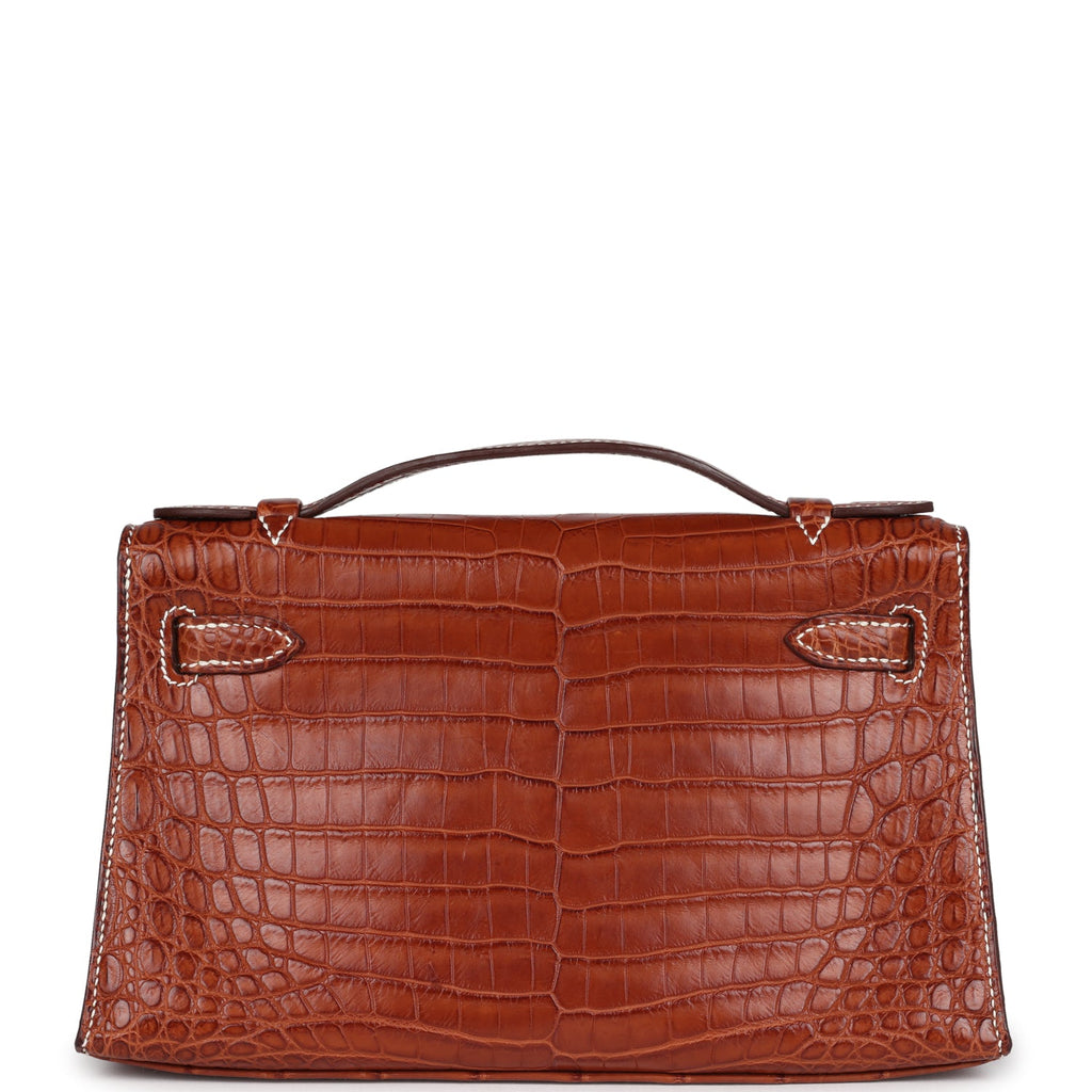 Vintage Hermes Kelly Pochette Fauve Matte Niloticus Crocodile Ruthenium Hardware
