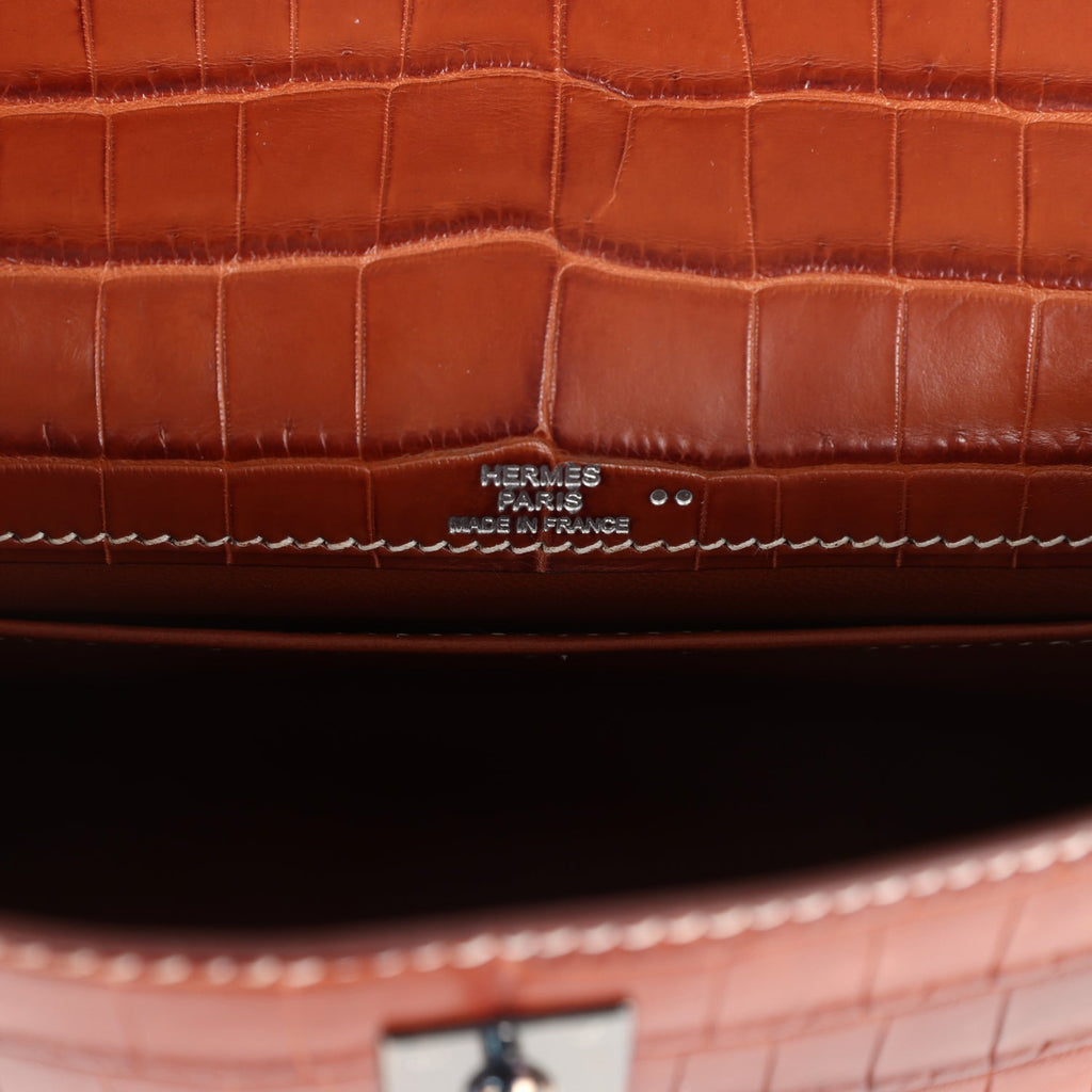 Vintage Hermes Kelly Pochette Fauve Matte Niloticus Crocodile Ruthenium Hardware