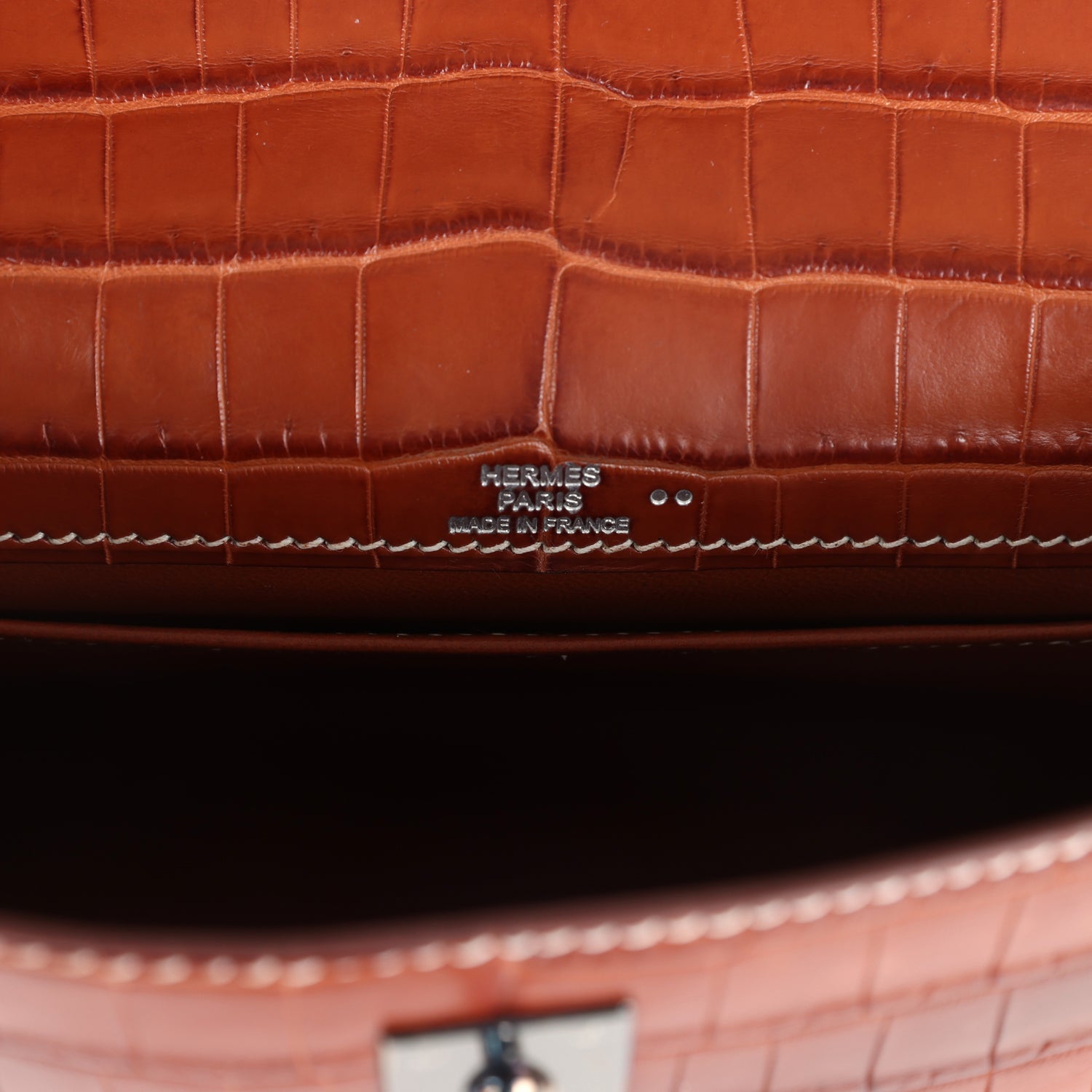 Vintage Hermes Kelly Pochette Fauve Matte Niloticus Crocodile Ruthenium Hardware