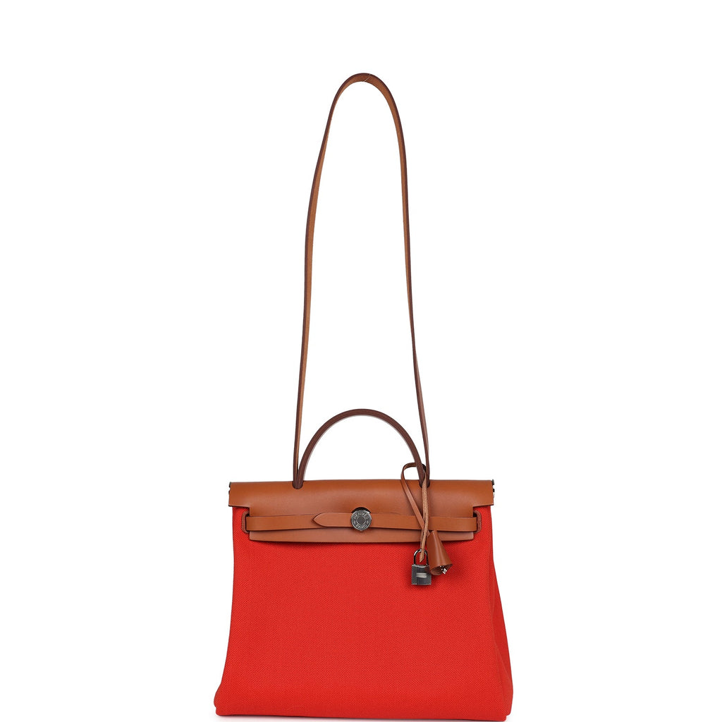 Hermes Herbag Zip PM 31 Capucine Toile Militaire & Fauve Vache Hunter Palladium Hardware