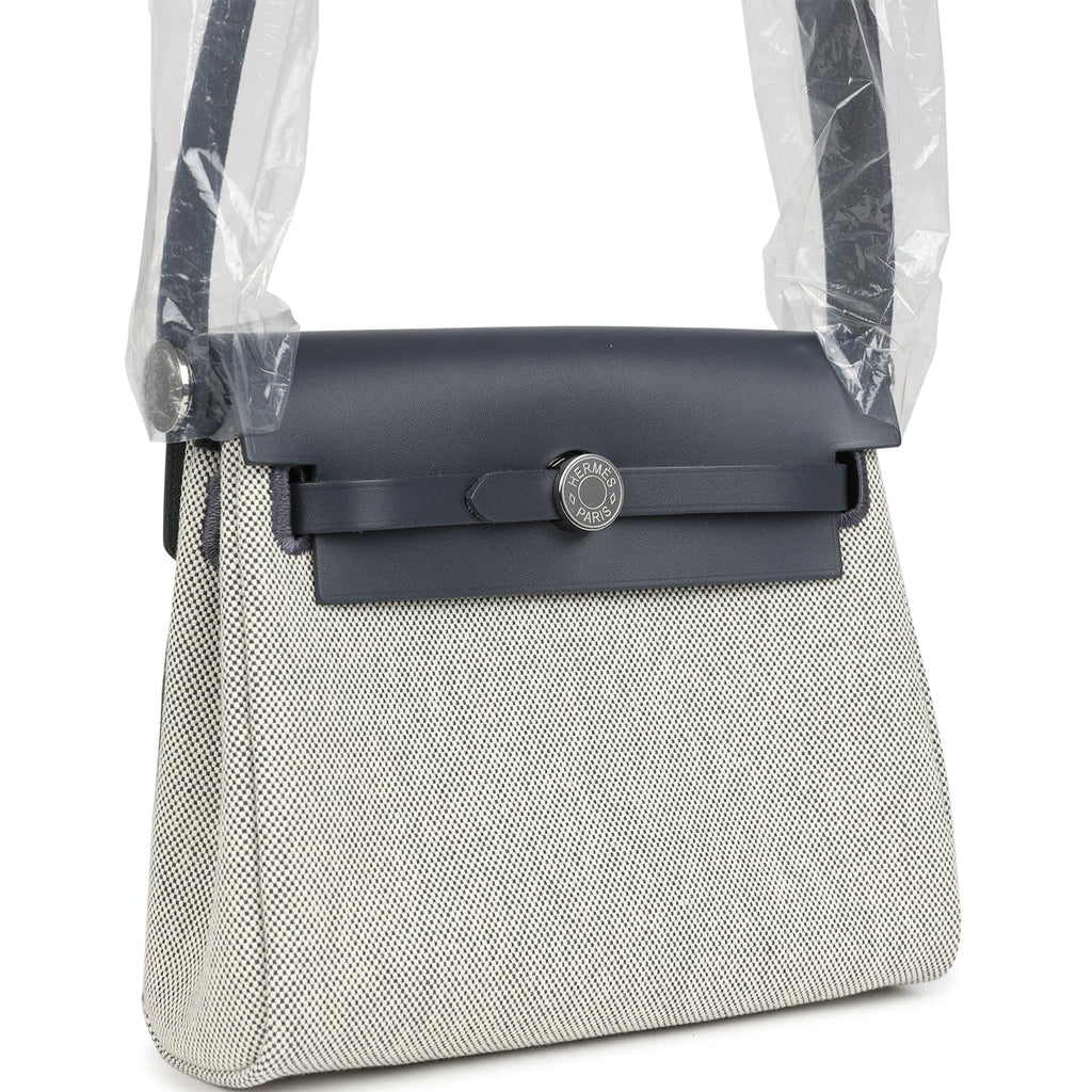Hermes Herbag Zip 20 Mini Ecru and Ardoise Toile H Canvas and Ardoise Vache Hunter Palladium Hardware