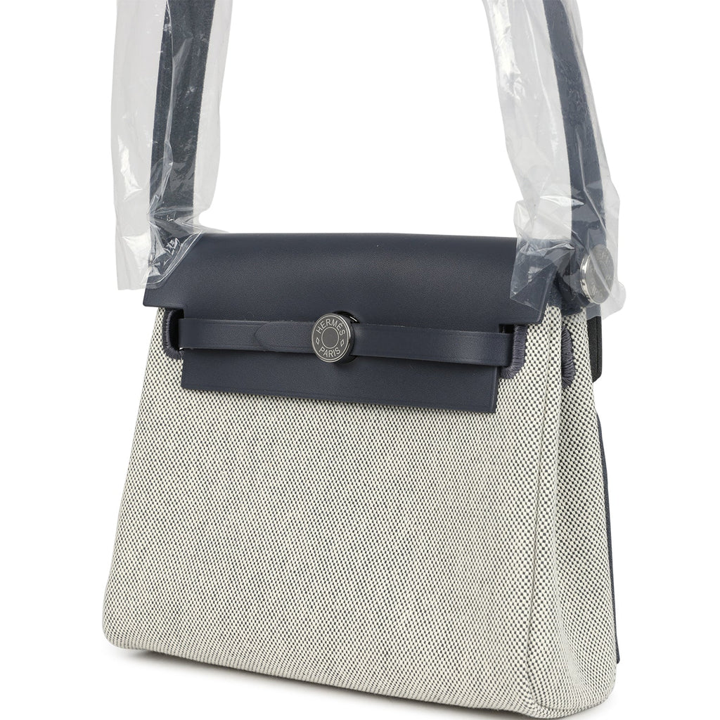 Hermes Herbag Zip 20 Mini Ecru and Ardoise Toile H Canvas and Ardoise Vache Hunter Palladium Hardware