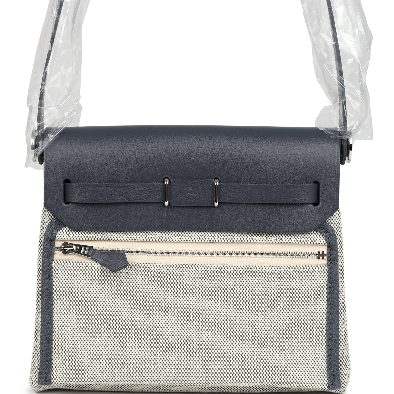Hermes Herbag Zip 20 Mini Ecru and Ardoise Toile H Canvas and Ardoise Vache Hunter Palladium Hardware