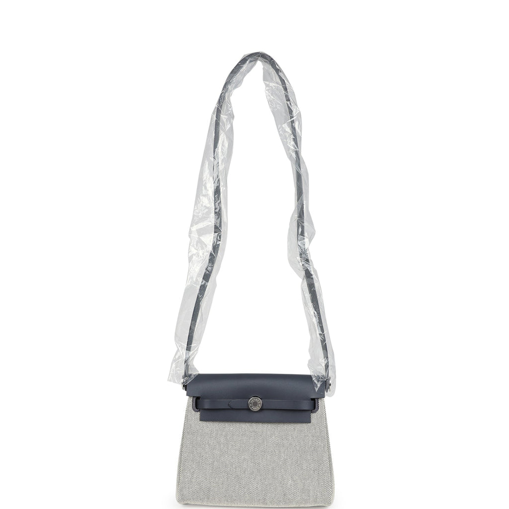 Hermes Herbag Zip 20 Mini Ecru and Ardoise Toile H Canvas and Ardoise Vache Hunter Palladium Hardware