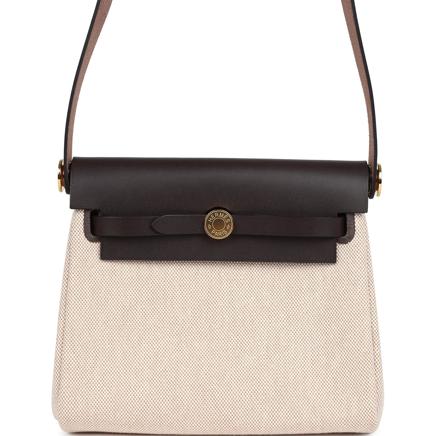 Hermes Herbag Zip 20 Mini Ecru and Beige Toile H Canvas and Ebene Vache Hunter Gold Hardware