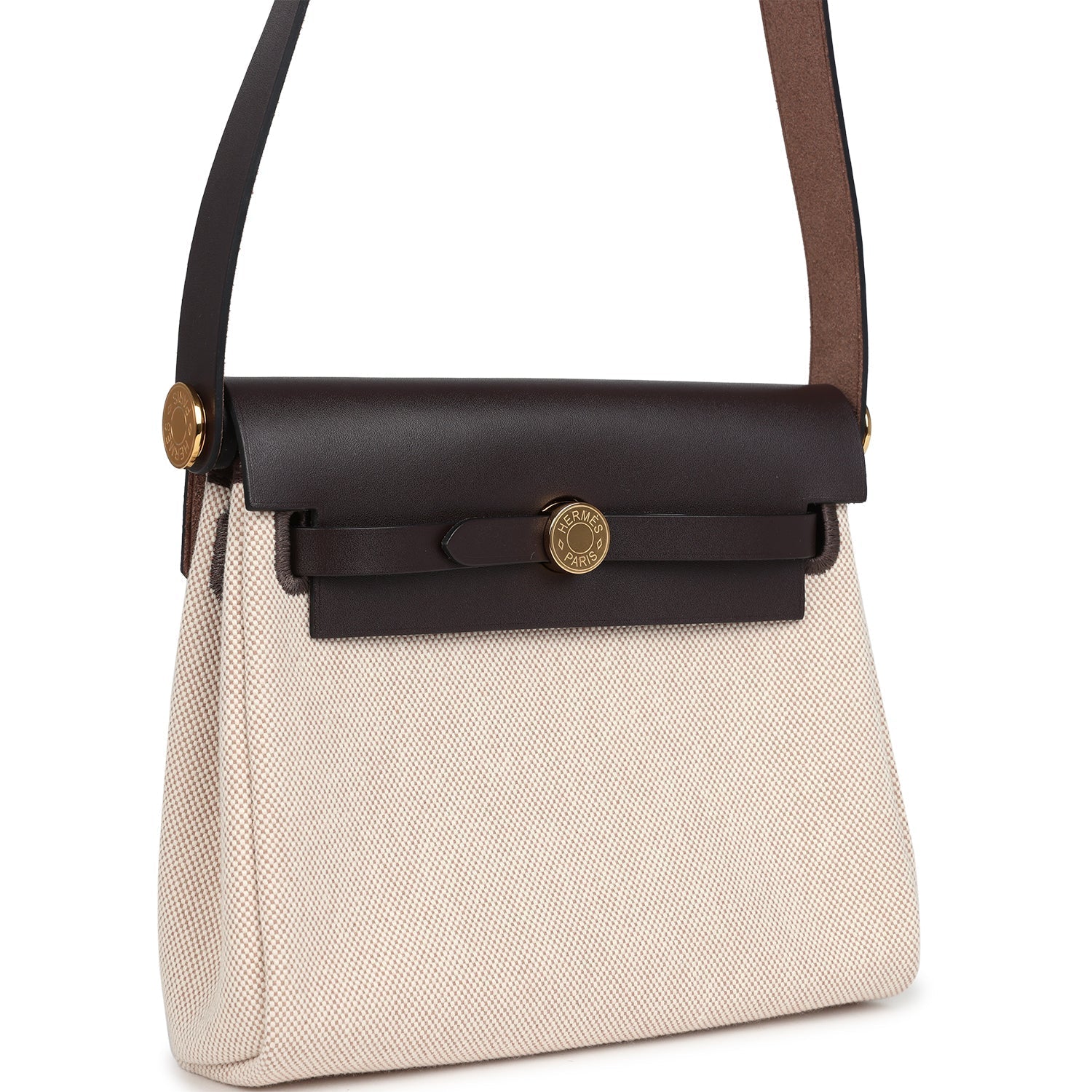 Hermes Herbag Zip 20 Mini Ecru and Beige Toile H Canvas and Ebene Vache Hunter Gold Hardware