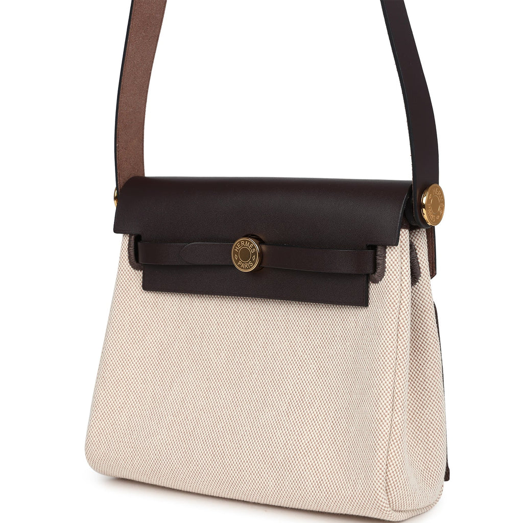 Hermes Herbag Zip 20 Mini Ecru and Beige Toile H Canvas and Ebene Vache Hunter Gold Hardware