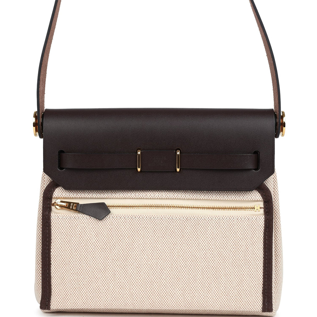 Hermes Herbag Zip 20 Mini Ecru and Beige Toile H Canvas and Ebene Vache Hunter Gold Hardware