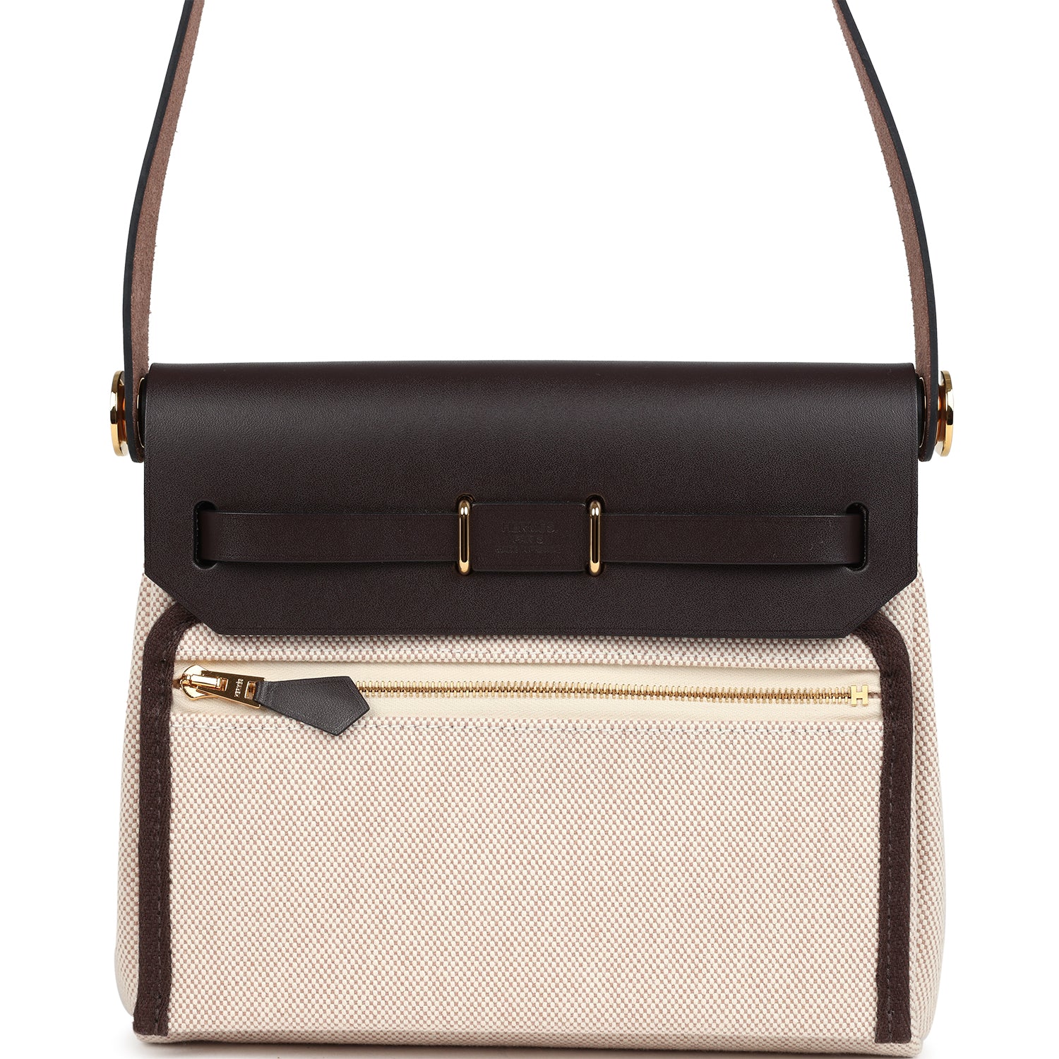 Hermes Herbag Zip 20 Mini Ecru and Beige Toile H Canvas and Ebene Vache Hunter Gold Hardware