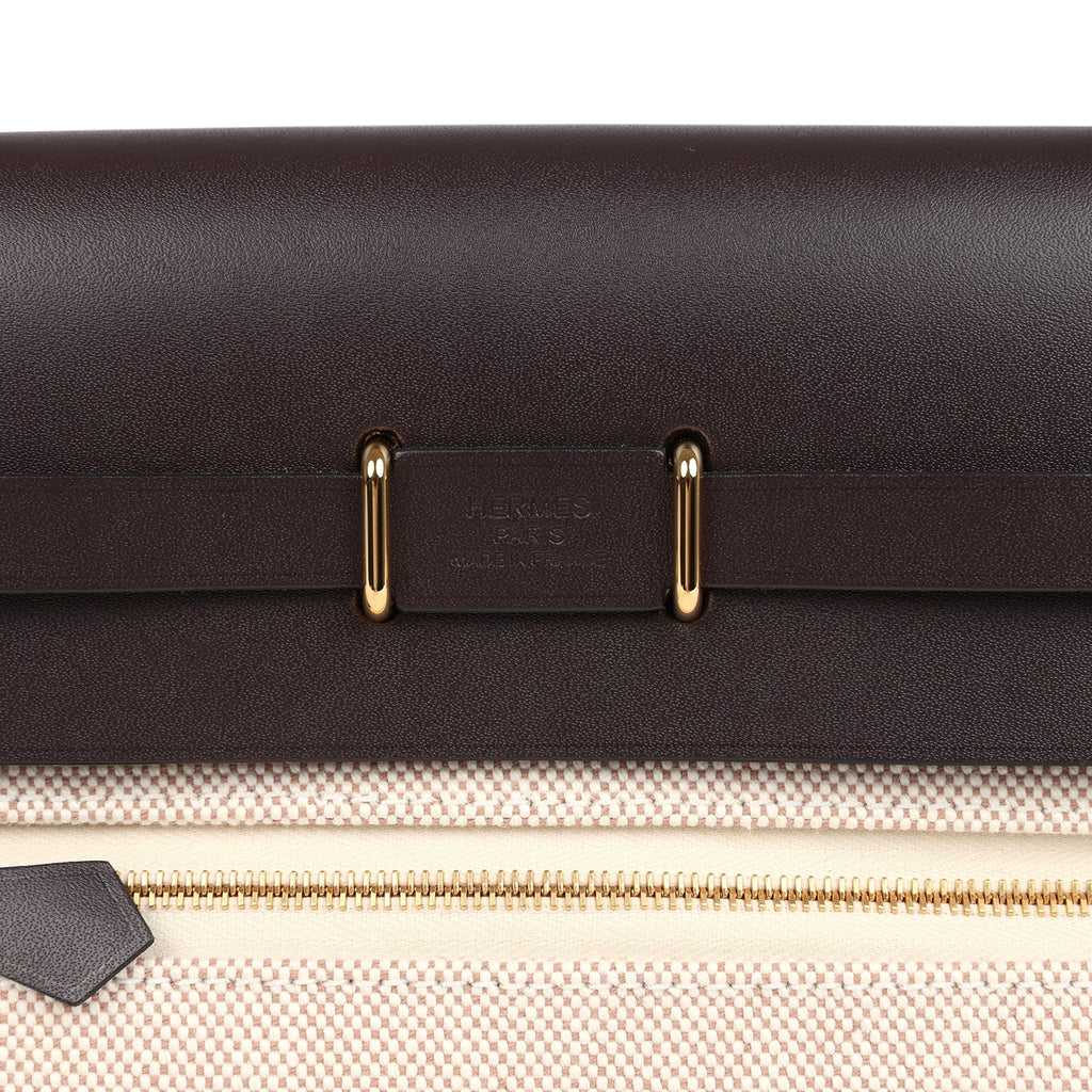 Hermes Herbag Zip 20 Mini Ecru and Beige Toile H Canvas and Ebene Vache Hunter Gold Hardware