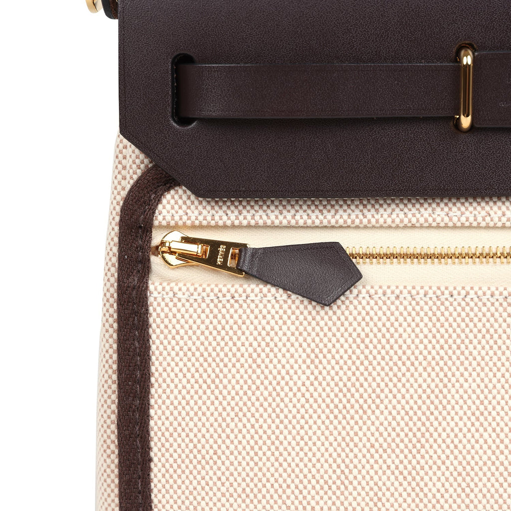 Hermes Herbag Zip 20 Mini Ecru and Beige Toile H Canvas and Ebene Vache Hunter Gold Hardware
