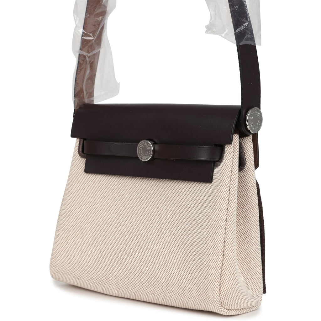 Hermes Herbag Zip 20 Mini Ecru and Beige Toile H Canvas and Ebene Vache Hunter Palladium Hardware