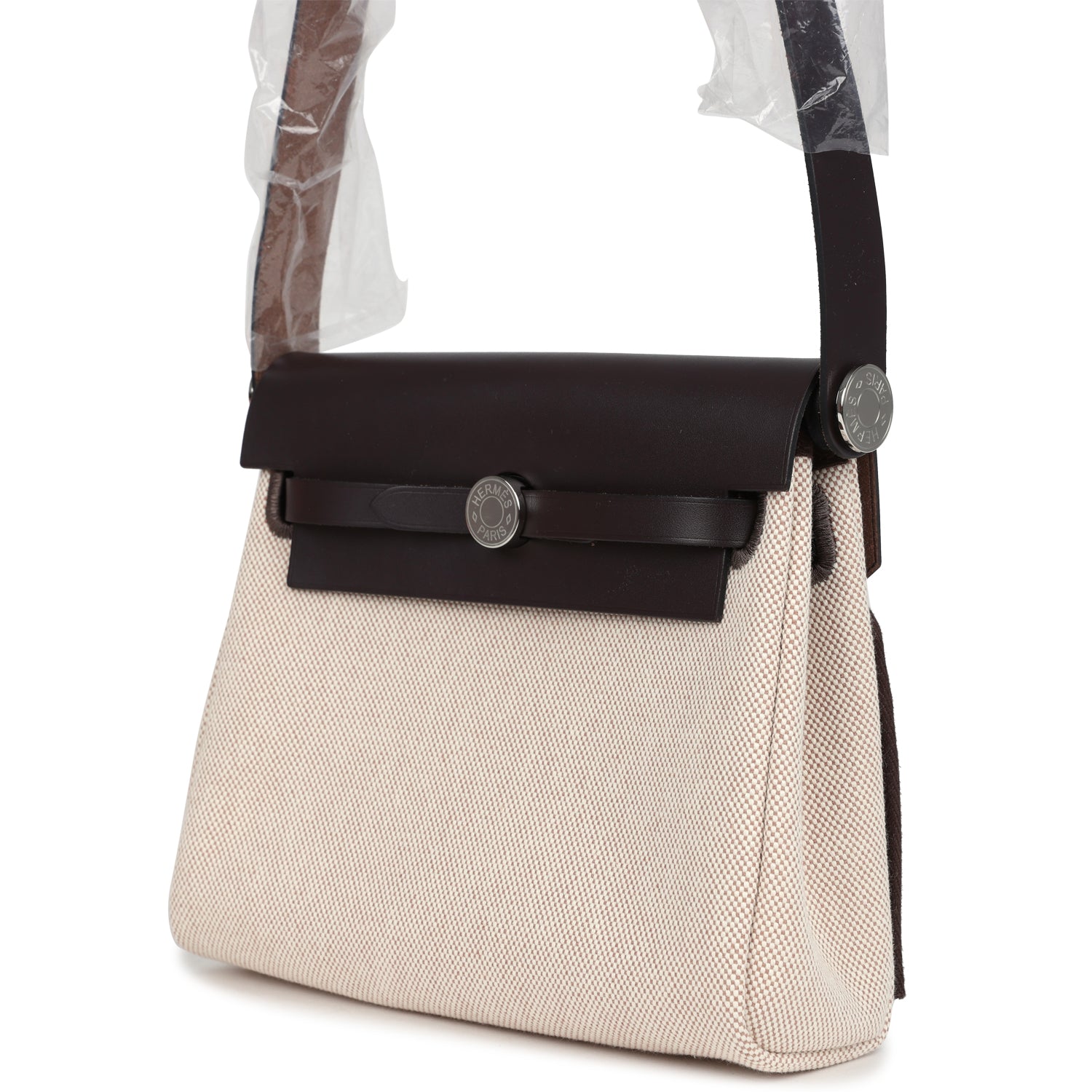 Hermes Herbag Zip 20 Mini Ecru and Beige Toile H Canvas and Ebene Vache Hunter Palladium Hardware
