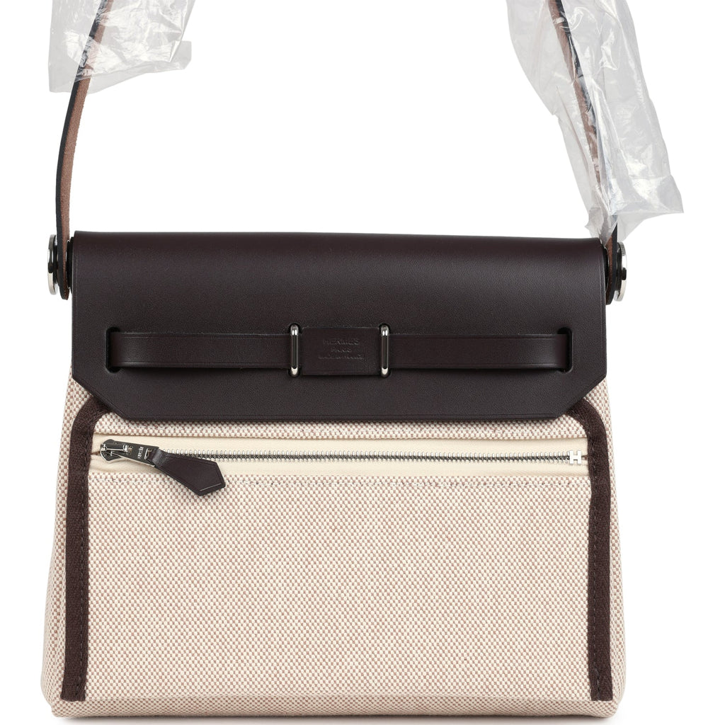 Hermes Herbag Zip 20 Mini Ecru and Beige Toile H Canvas and Ebene Vache Hunter Palladium Hardware