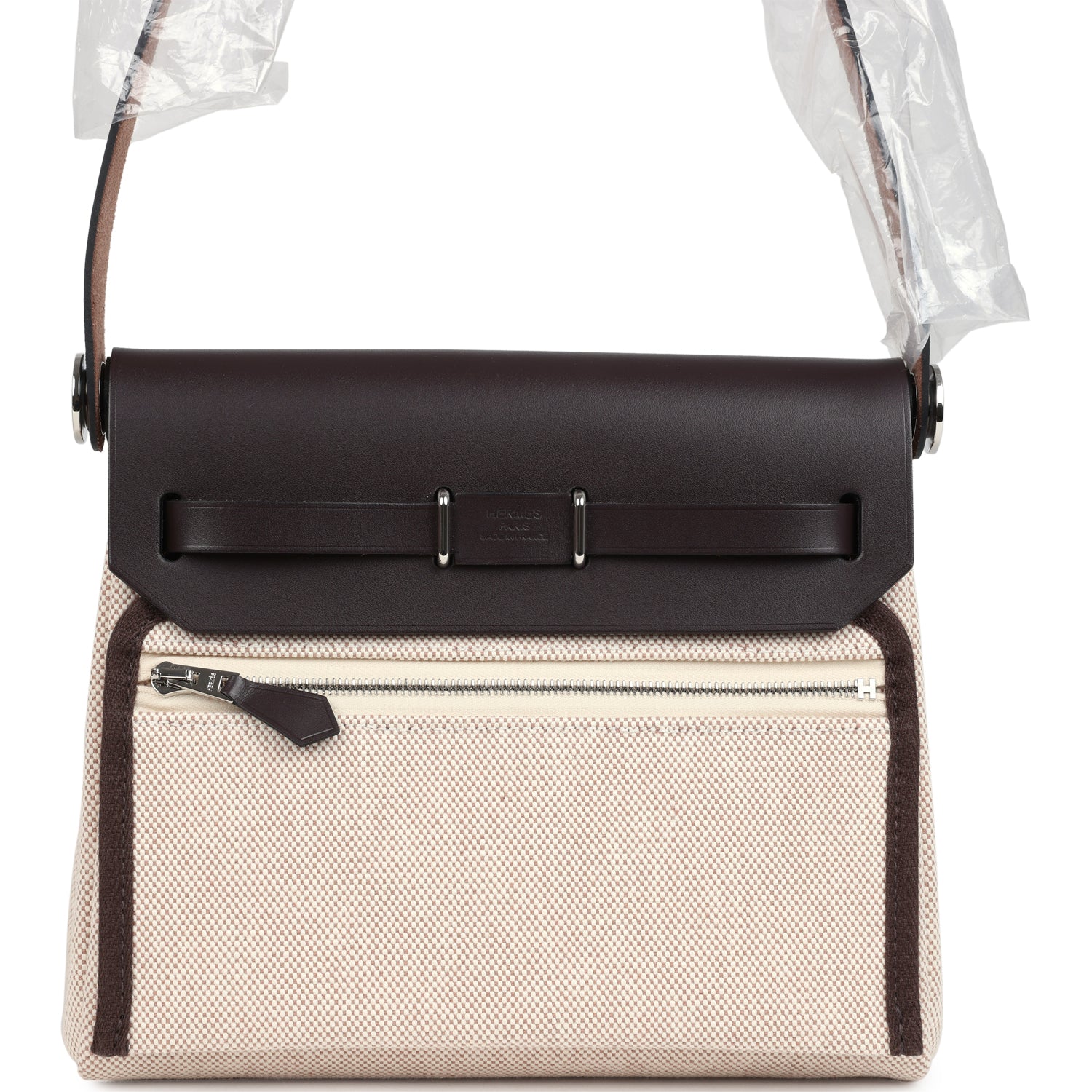 Hermes Herbag Zip 20 Mini Ecru and Beige Toile H Canvas and Ebene Vache Hunter Palladium Hardware