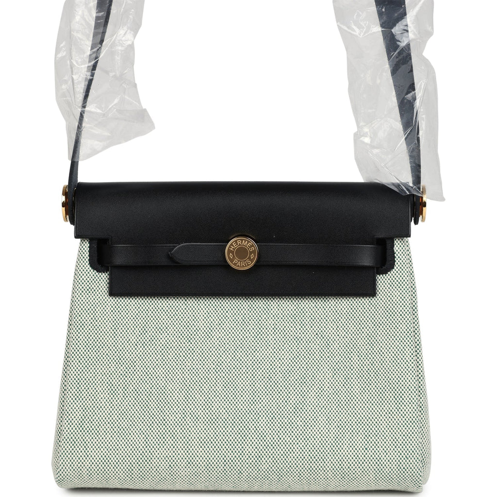 Hermes Herbag Zip 20 Mini Ecru and Vert Moyen Toile H Canvas and Black Vache Hunter Gold Hardware