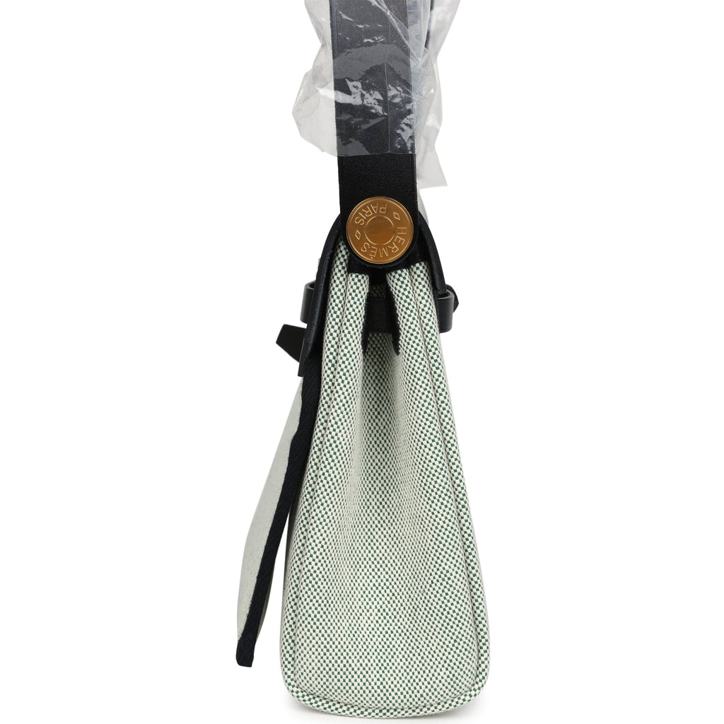 Hermes Herbag Zip 20 Mini Ecru and Vert Moyen Toile H Canvas and Black Vache Hunter Gold Hardware