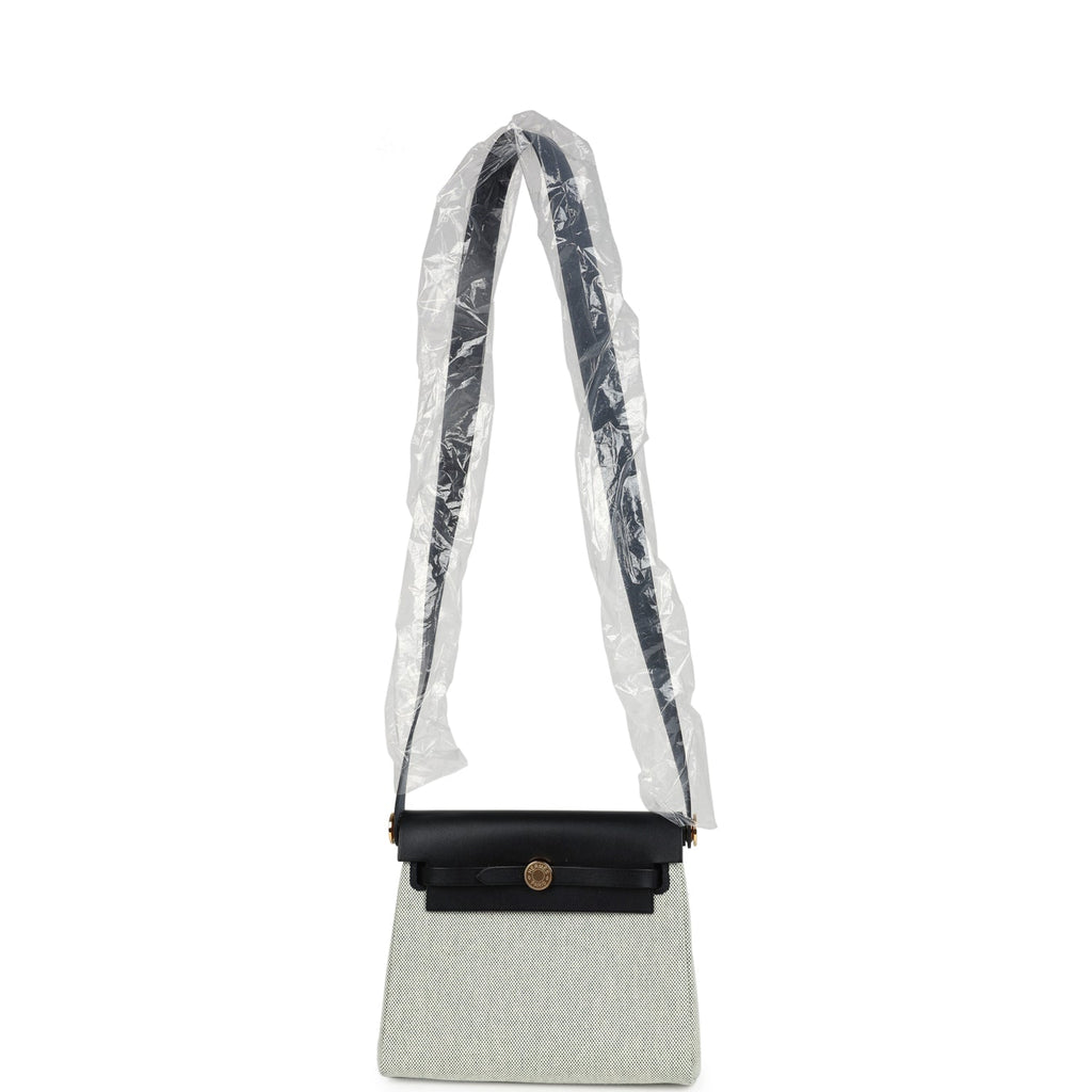 Hermes Herbag Zip 20 Mini Ecru and Vert Moyen Toile H Canvas and Black Vache Hunter Gold Hardware