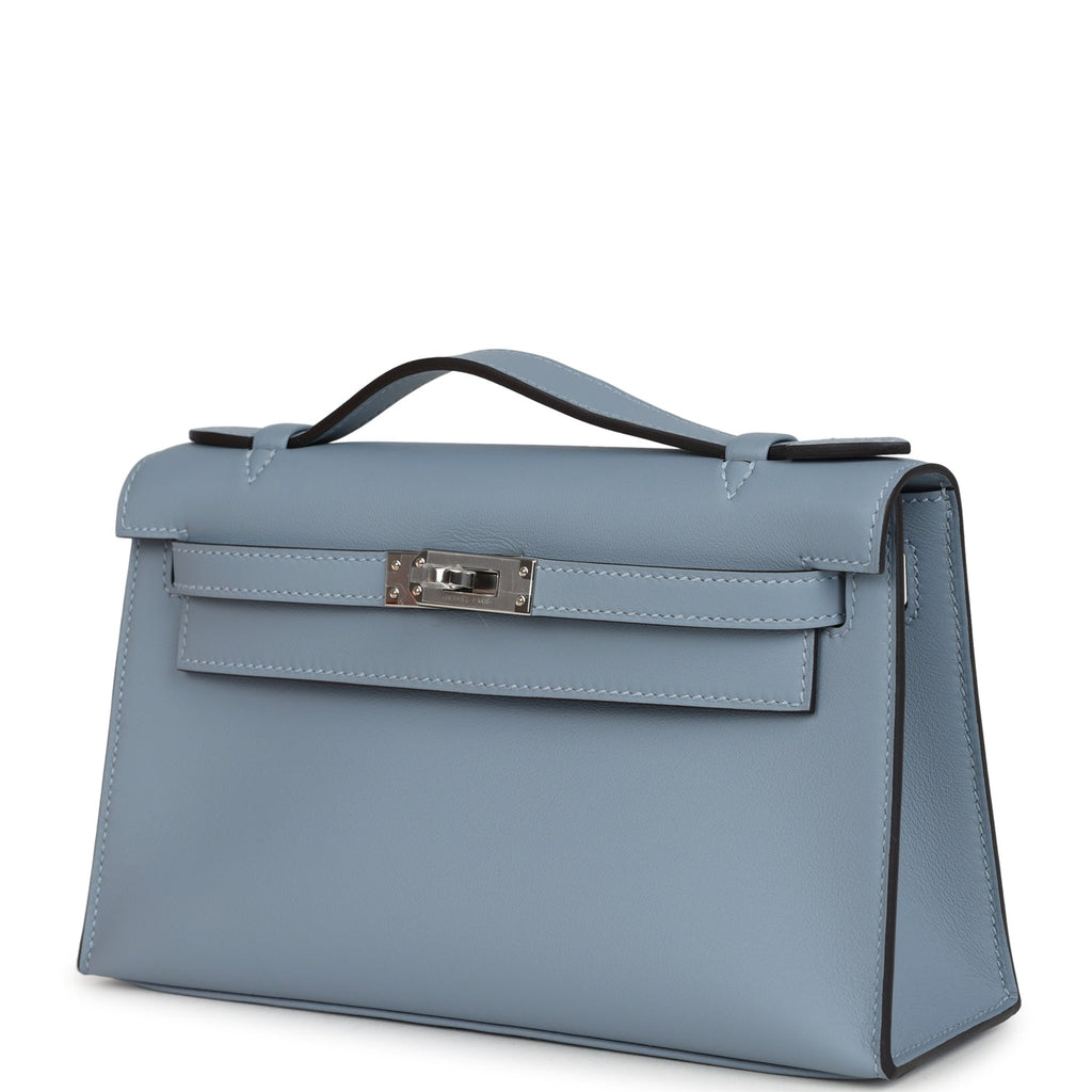 Hermes Kelly Pochette Bleu Lin Swift Palladium Hardware